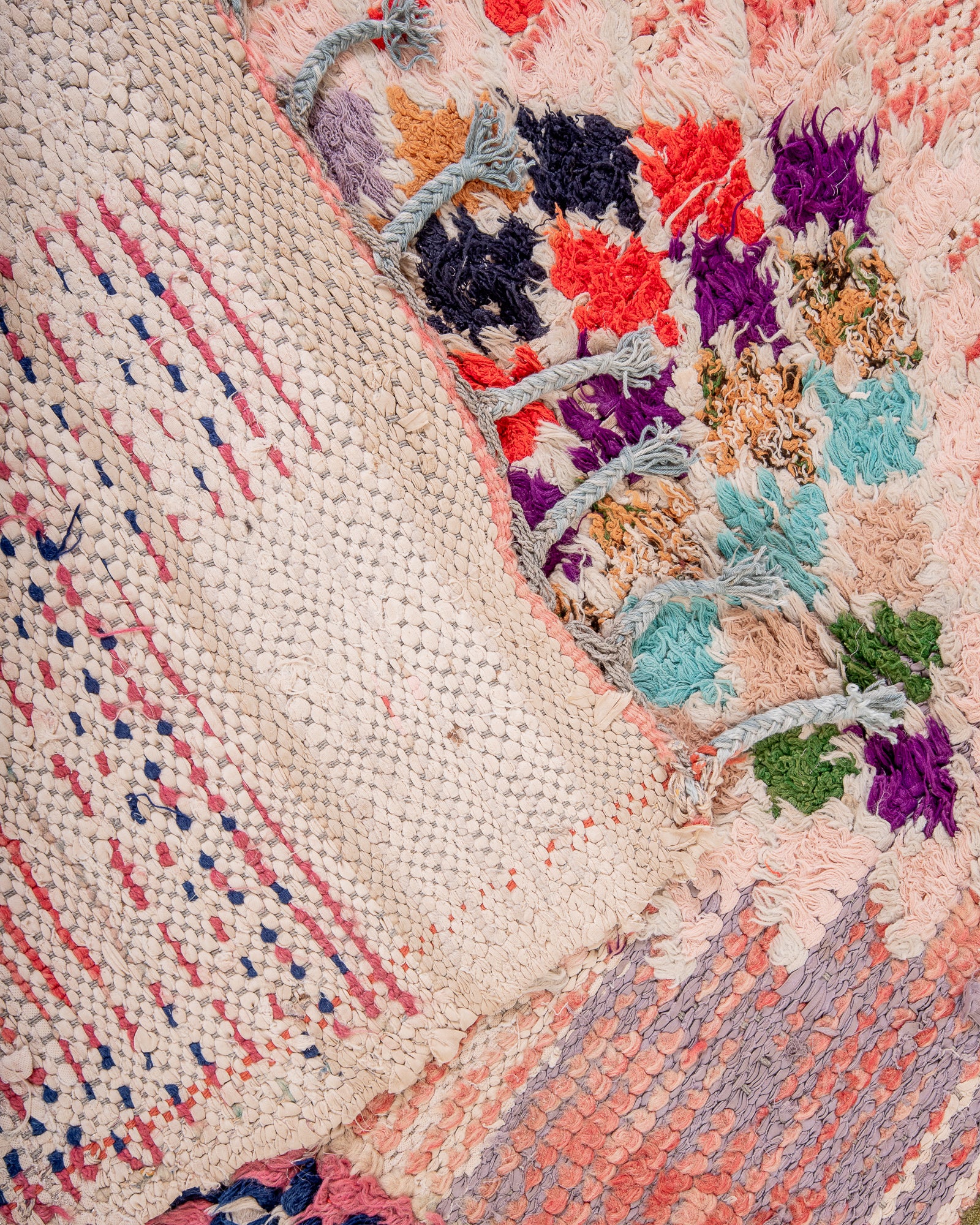 Modern, designer, handcrafted Berber rug from Morocco. Vintage carpet with beautiful colours and patterns and fluffy wool texture.